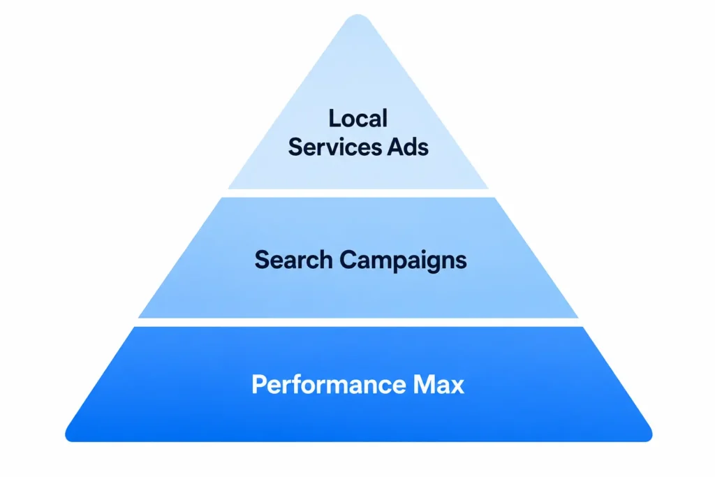 Three-tier HVAC Google Ads campaign stack diagram showing Local Services Ads, Search, and Performance Max