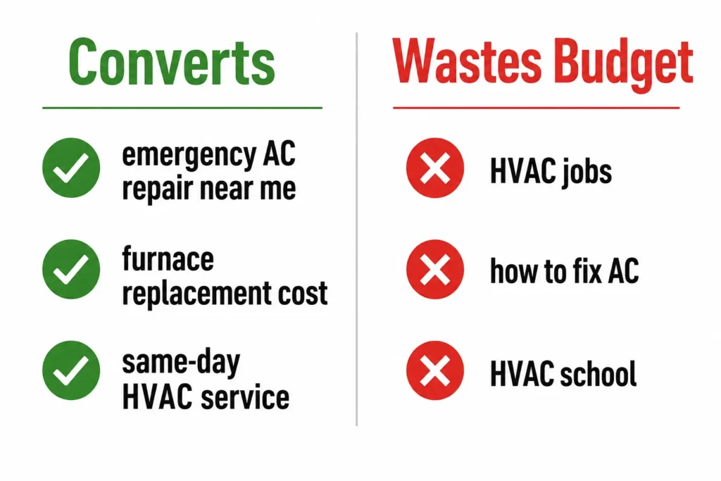 HVAC Google Ads keyword comparison showing high-converting keywords versus budget-wasting keywords