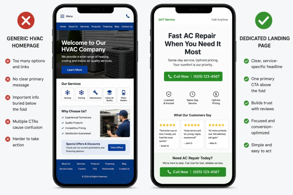 Before and after comparison of HVAC Google Ads landing page showing homepage versus dedicated service landing page
