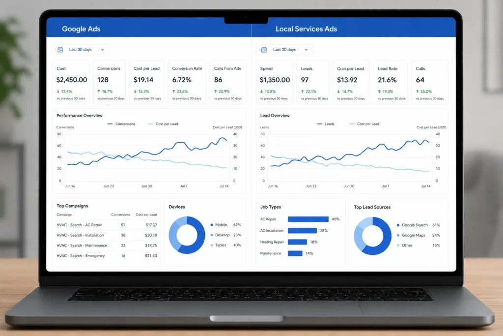 HVAC contractor marketing paid ads dashboard showing Google Ads and LSA performance for HVAC business in 2026