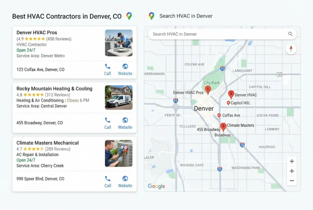 HVAC company appearing in the Google Maps local pack through a fully optimized Google Business Profile