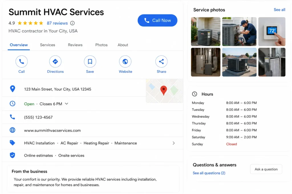 Optimised Google Business Profile for an HVAC company showing 5-star reviews, photos, and complete service information
