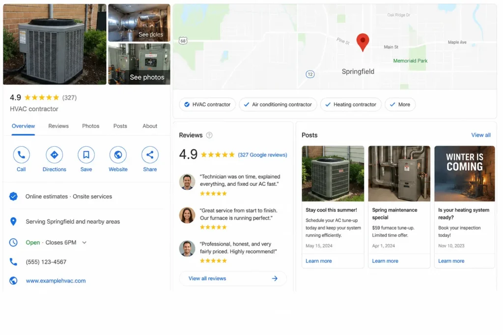 Optimised Google Business Profile for HVAC company showing local pack ranking factors in 2026