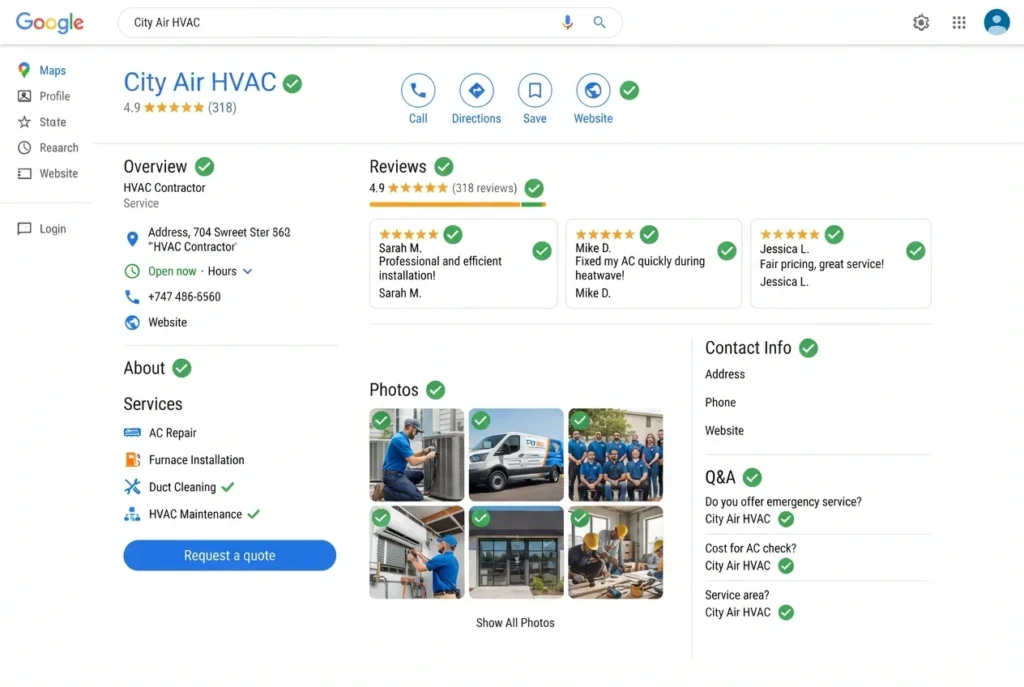 Fully optimised Google Business Profile mockup for an HVAC company with checkmarks on each completed section