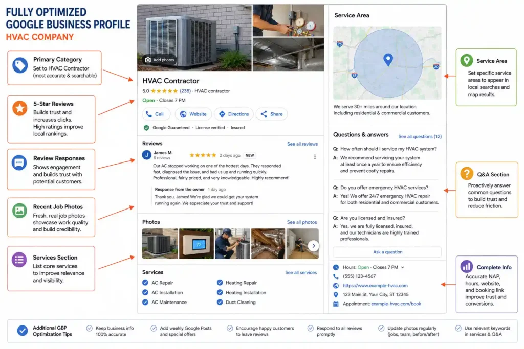 Annotated Google Business Profile optimization guide for HVAC contractors showing local SEO ranking factors in 2026