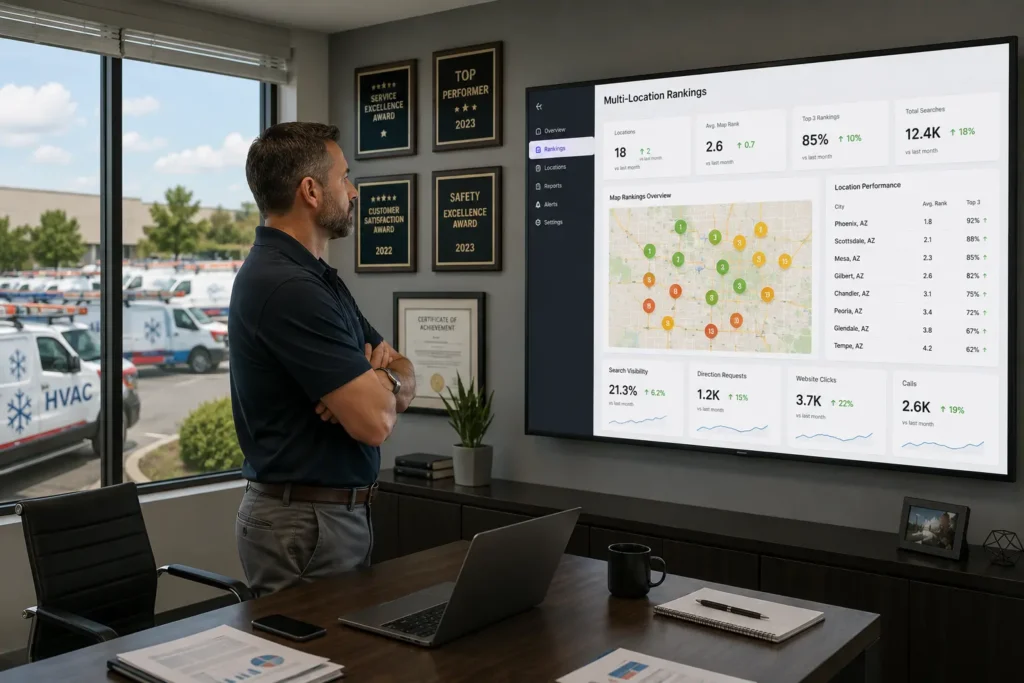 Multi-location HVAC company owner reviewing growth SEO package performance dashboard showing rankings across multiple cities