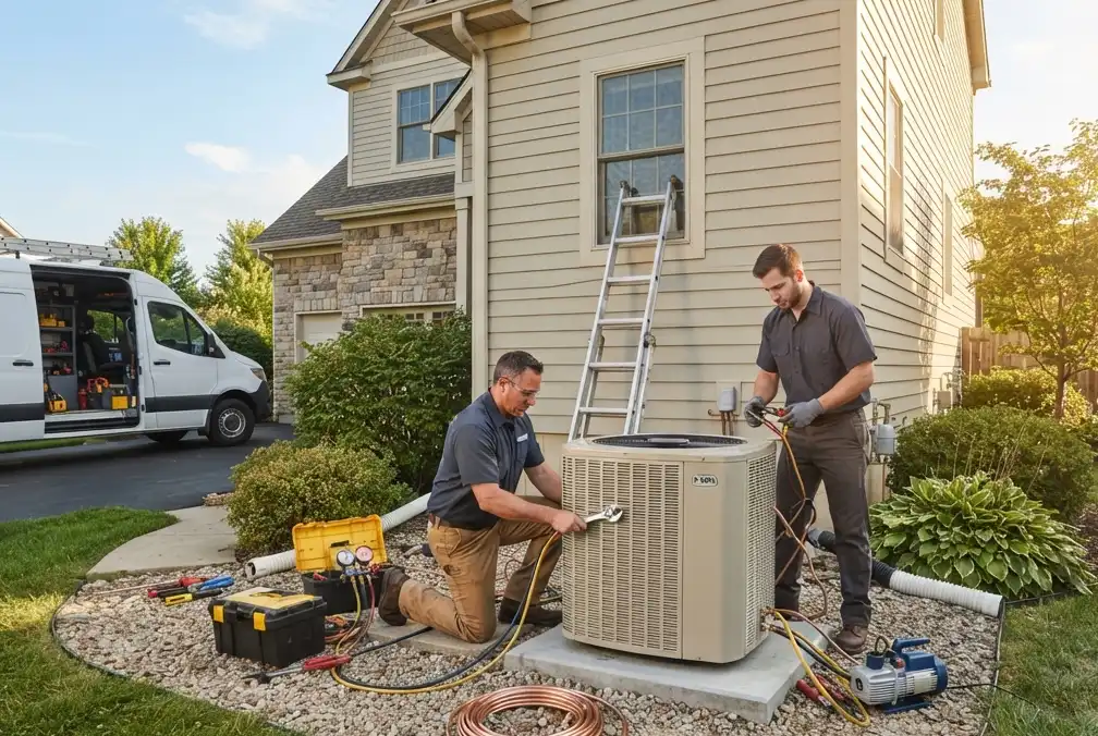 HVAC team installing new central air conditioning system in residential home