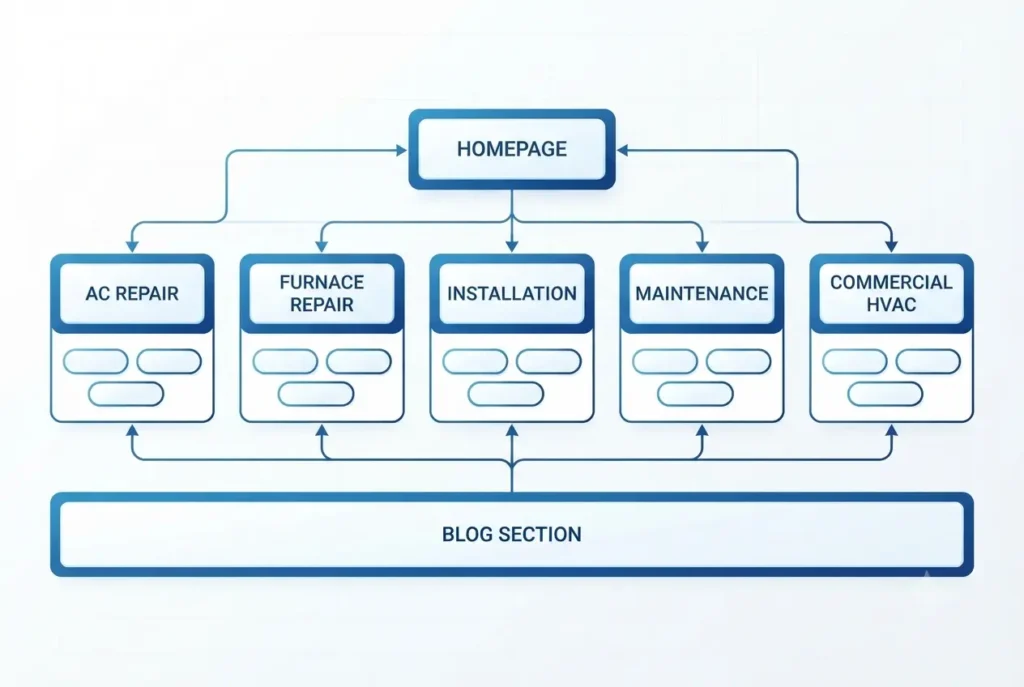 HVAC website keyword mapping diagram showing which keywords go on which service pages
