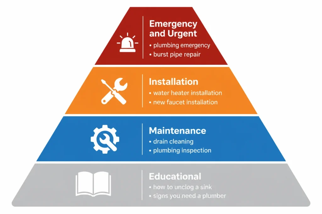 HVAC keyword research priority pyramid showing four tiers from emergency intent at the top to educational content at the base