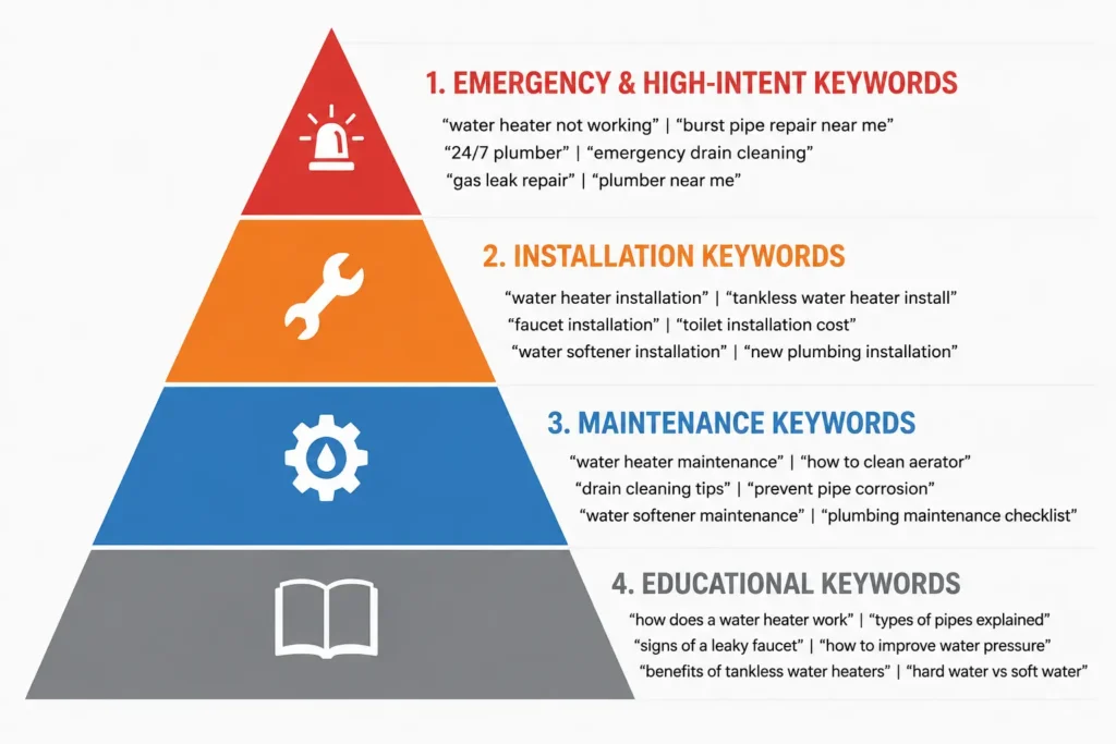 HVAC SEO keyword strategy pyramid showing four tiers of keywords by conversion intent in 2026