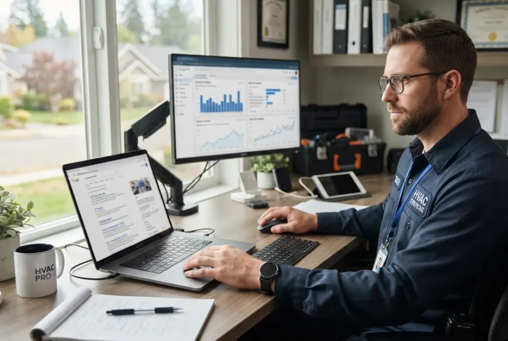 HVAC contractor using laptop to research hvac keywords for seo with Google search results visible on screen