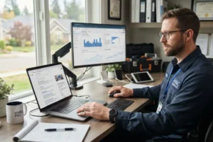 HVAC contractor using laptop to research hvac keywords for seo with Google search results visible on screen