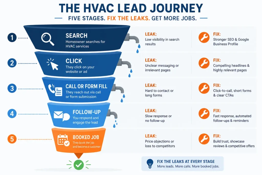 HVAC marketing lead conversion funnel showing drop-off points and fixes for contractor marketing in 2026