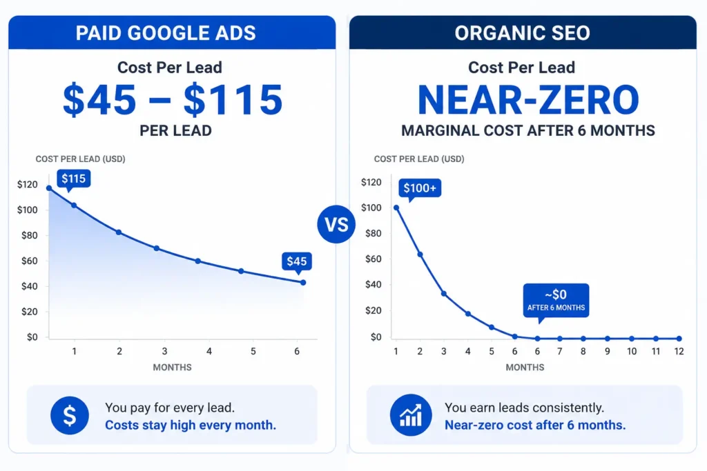 Infographic comparing cost per lead for HVAC paid ads versus organic SEO showing 3 to 5 times better ROI from affordable HVAC SEO