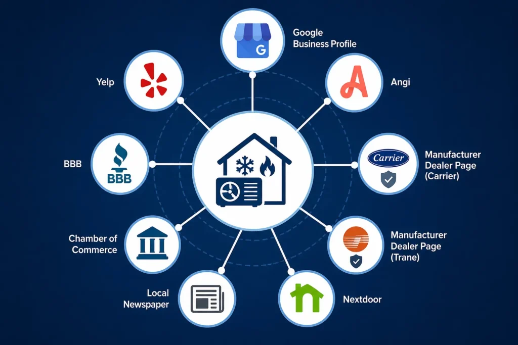 HVAC local citations and backlink authority network diagram showing key link sources for local SEO dominance in 2026