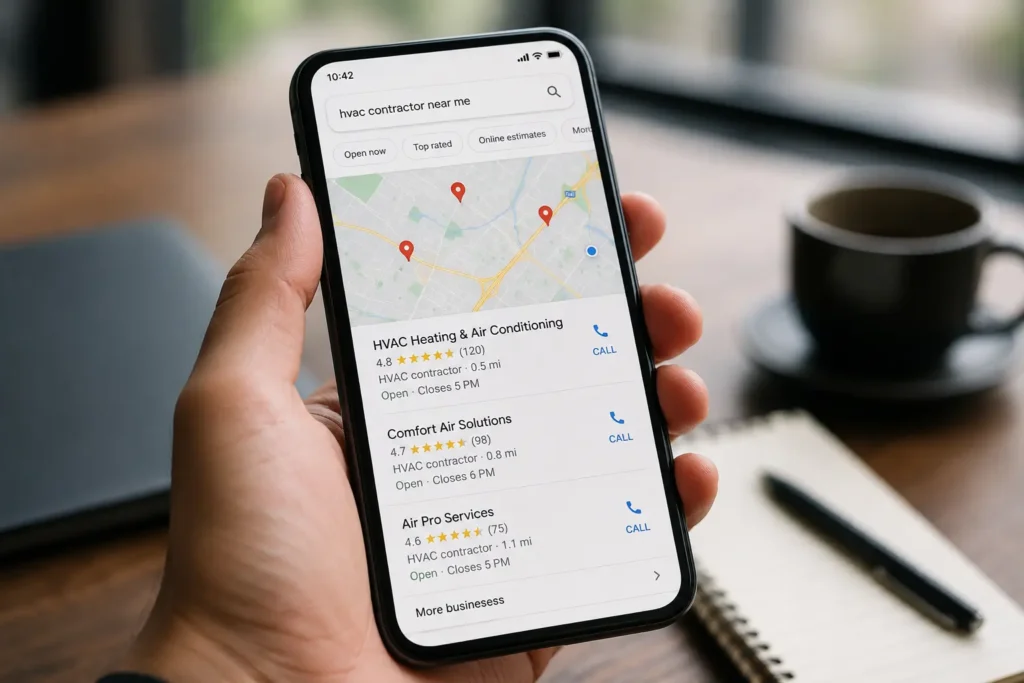 Close up of a smartphone showing HVAC business listing search results