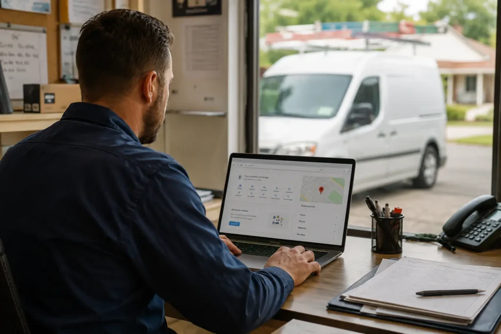 HVAC business owner checking local citation listings on a laptop