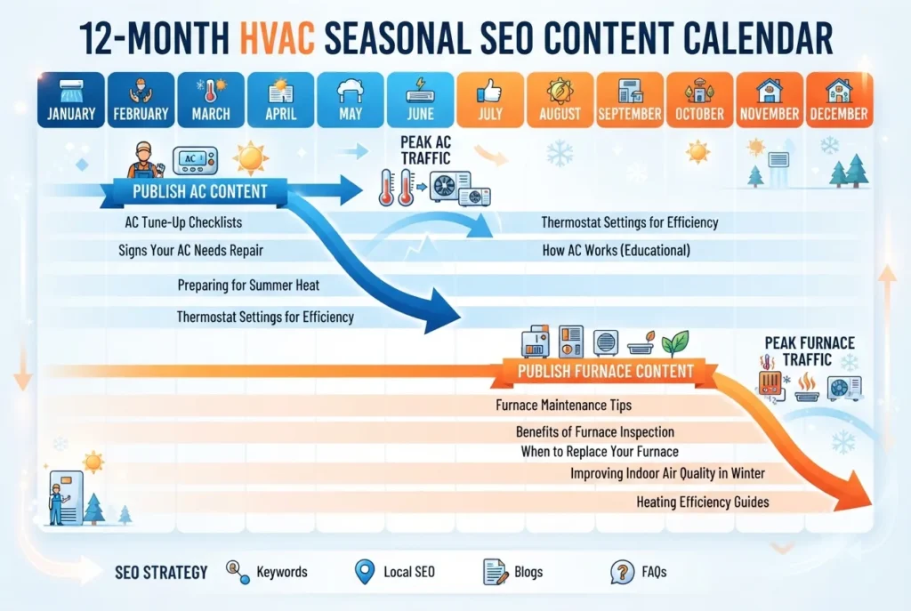 HVAC seasonal SEO content calendar showing when to publish AC and furnace content to rank before peak demand in each season