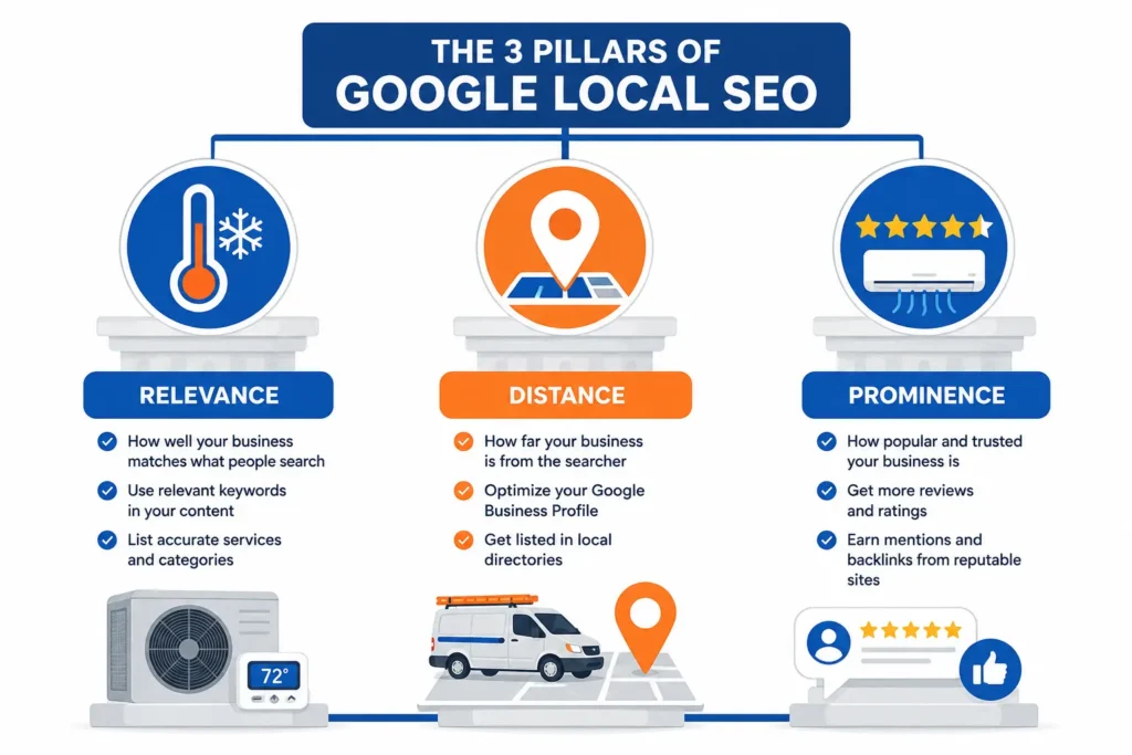 Diagram showing three pillars of local SEO for HVAC contractors