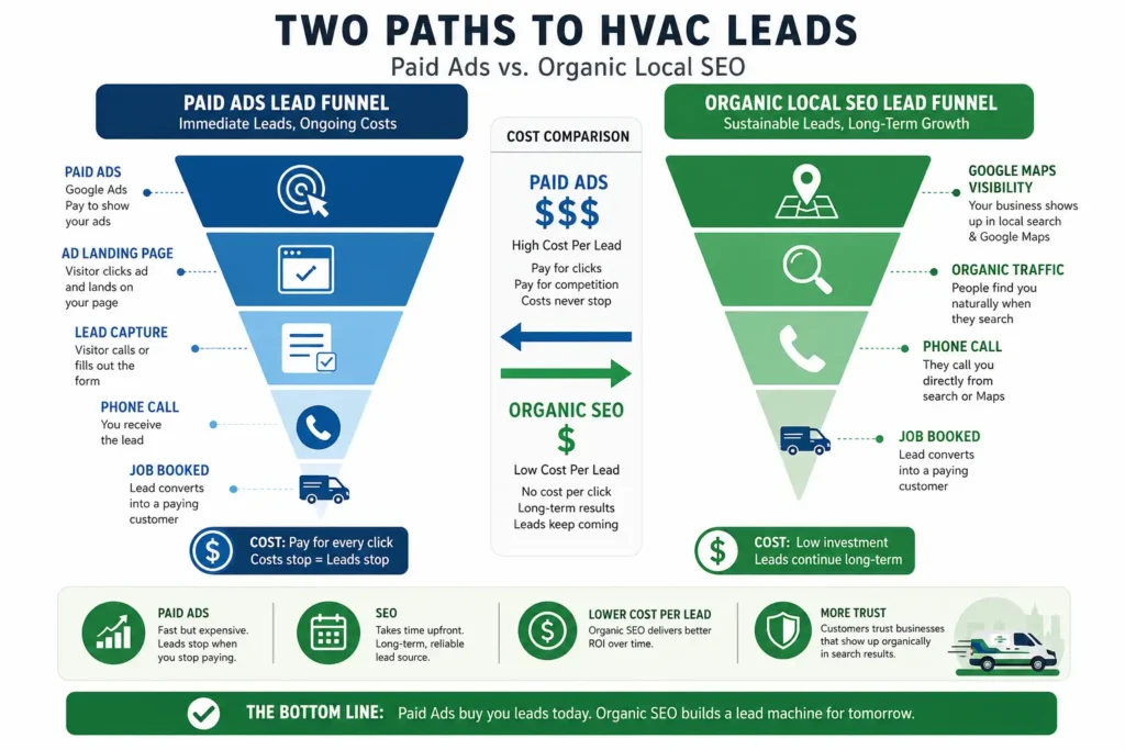 Infographic comparing local SEO for HVAC contractors versus paid ads showing cost per lead and long-term ROI differences