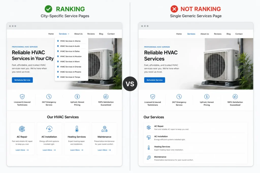 HVAC contractor local service area pages compared to a generic single service page