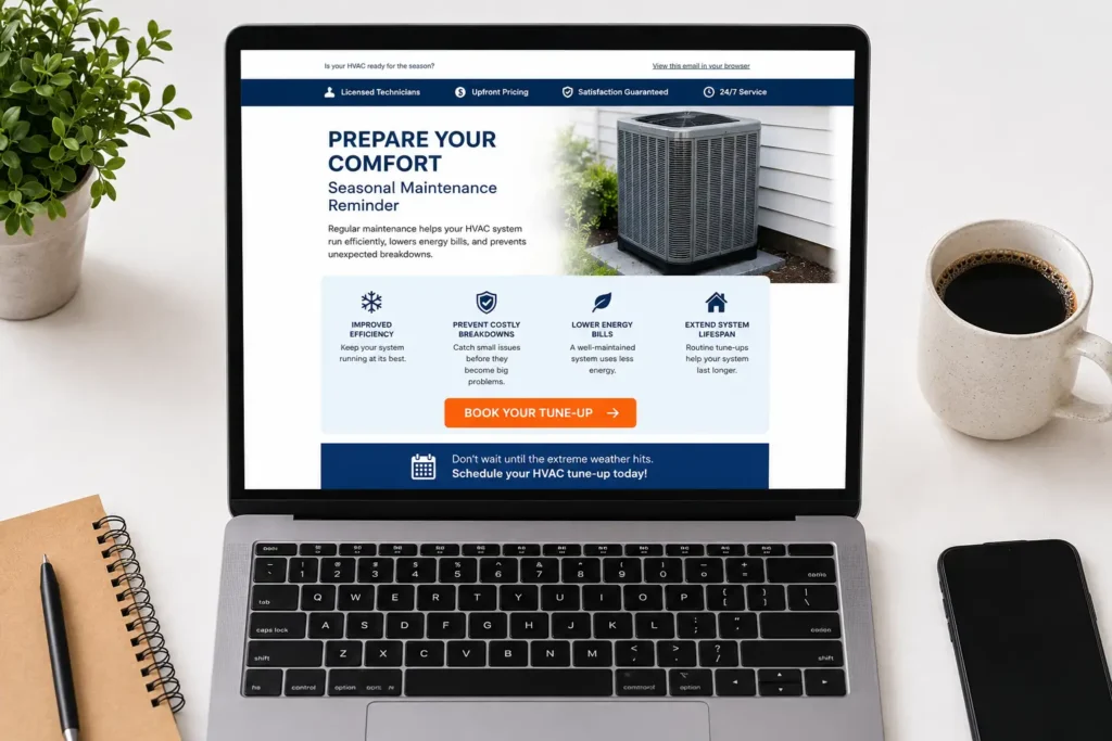 HVAC maintenance reminder email template on laptop showing seasonal offer and booking button