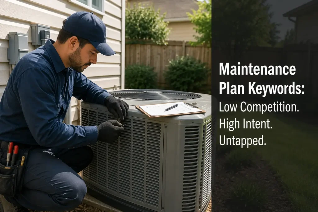 HVAC technician performing maintenance inspection representing untapped maintenance contract SEO keyword opportunity for lead generation