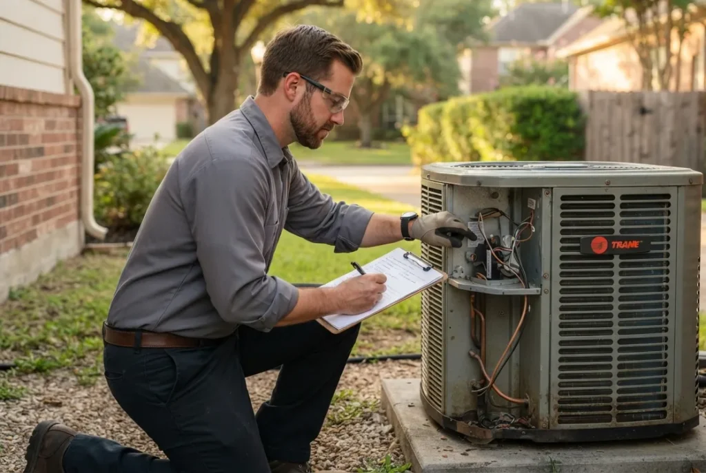 HVAC technician performing seasonal maintenance tune-up on air conditioning system