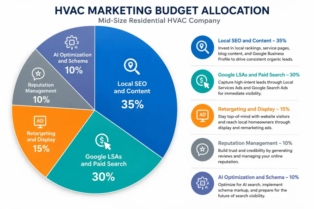 HVAC marketing budget breakdown showing recommended channel allocation for contractor marketing strategy in 2026