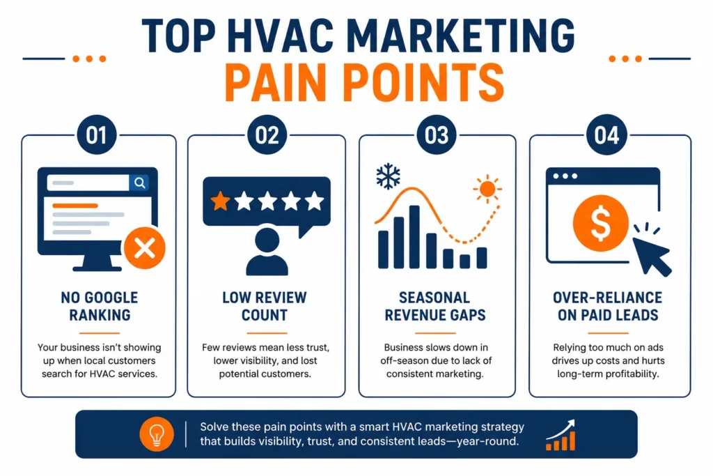Infographic showing top HVAC marketing challenges including competition, low reviews, and lack of online visibility in 2026. hvac marketing ideas