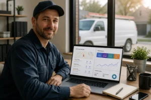 HVAC contractor reviewing digital marketing strategy on laptop with Google Maps and service van in background