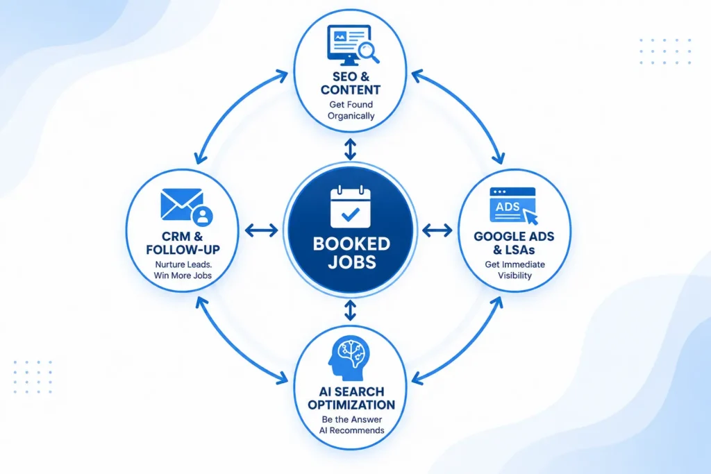 Integrated HVAC marketing system connecting SEO paid ads AI optimization and CRM for contractor lead generation