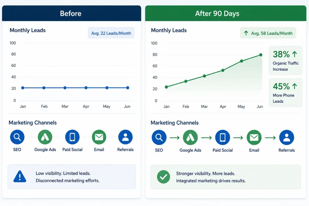 HVAC contractor marketing case study showing 45 percent increase in phone leads after 90 day integrated SEO and ads strategy