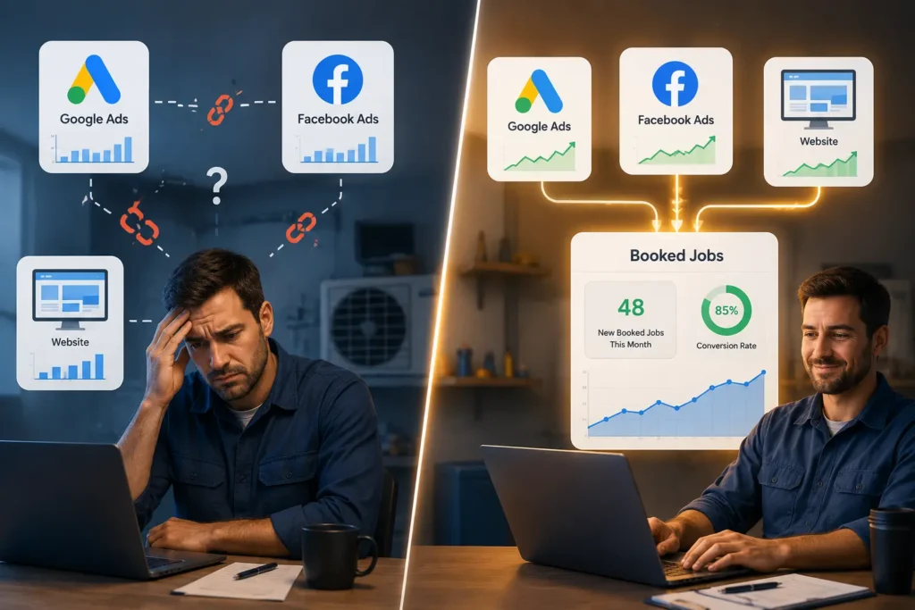 HVAC marketing strategy showing integrated SEO ads and AI system for contractors in 2026