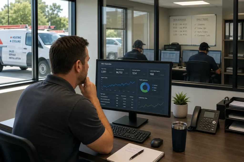 HVAC business owner reviewing SEO analytics dashboard as part of a mid-tier affordable HVAC SEO package
