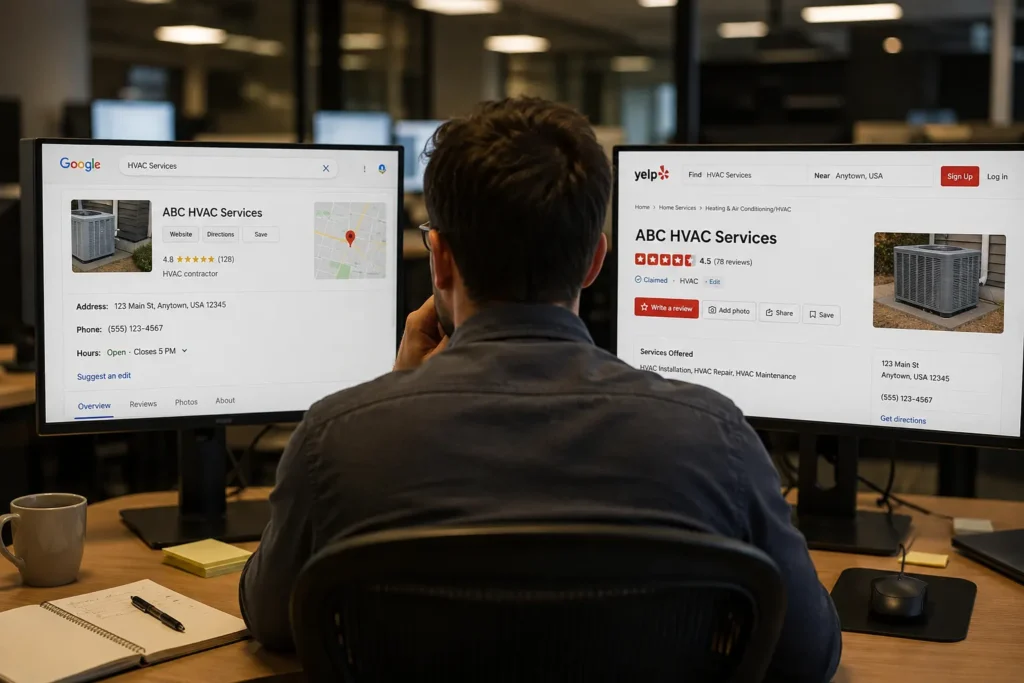 Marketing team member comparing business listing details on two screens