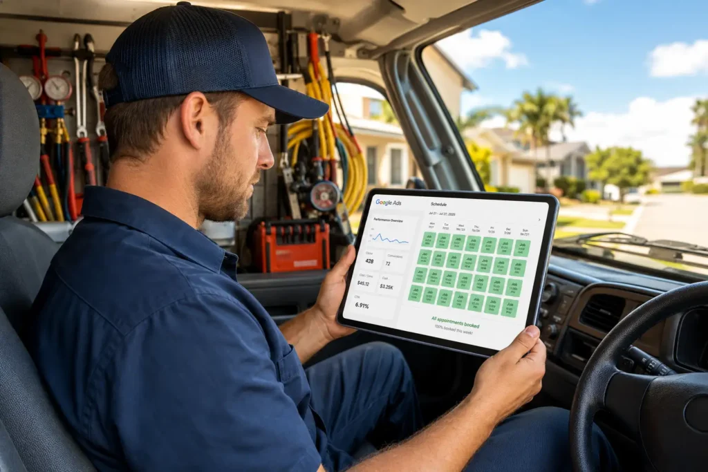 HVAC contractor checking hvac ppc campaign results showing fully booked schedule during peak season