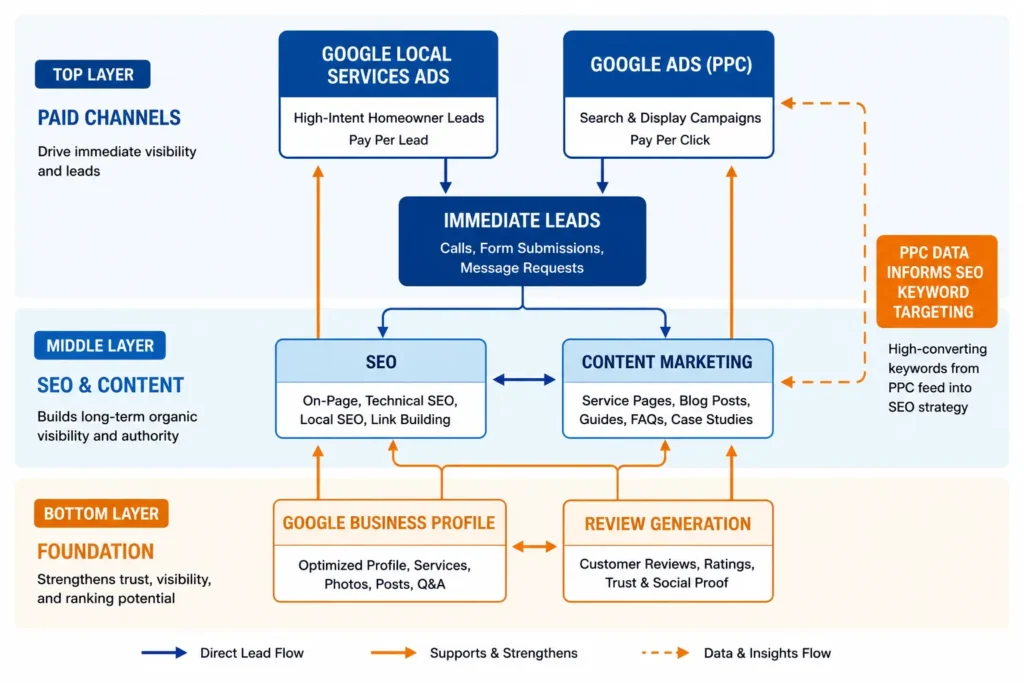 HVAC hybrid marketing system diagram showing how hvac ppc and seo work together for maximum booked jobs