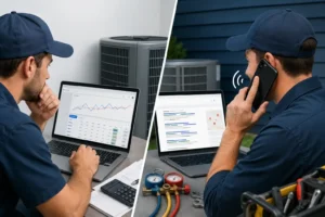 HVAC contractor comparing hvac ppc advertising costs versus SEO lead generation results on laptop