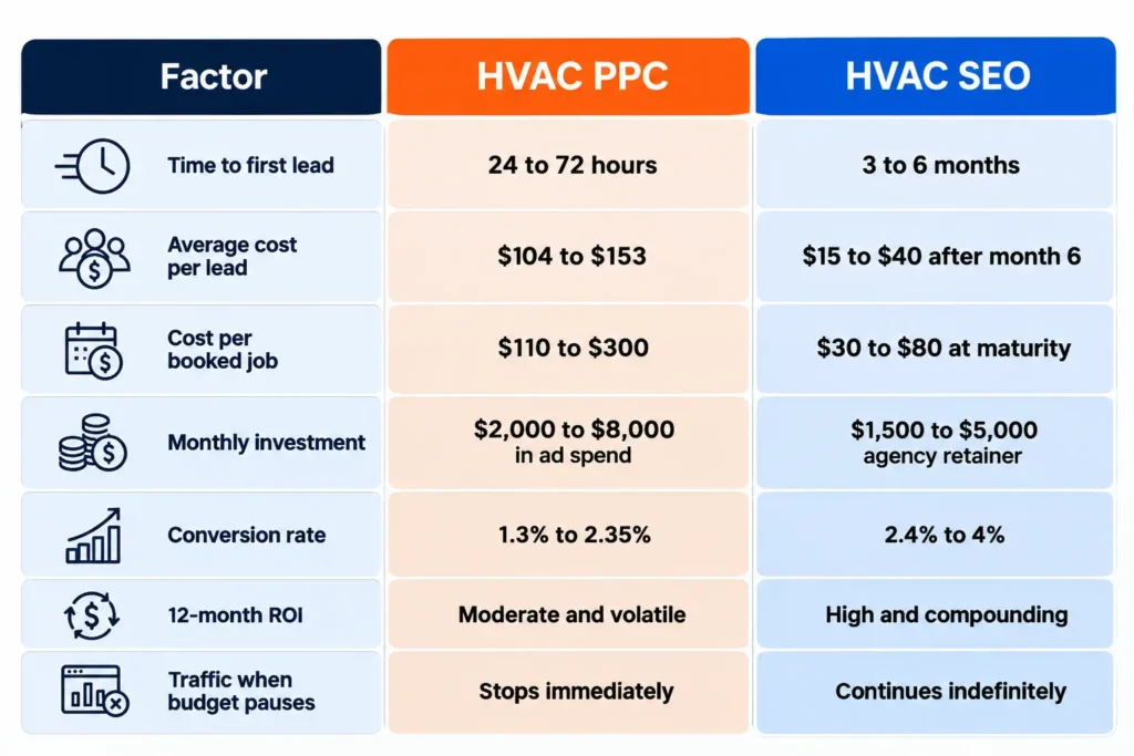 Side by side cost comparison table for hvac ppc vs seo showing cost per lead and ROI