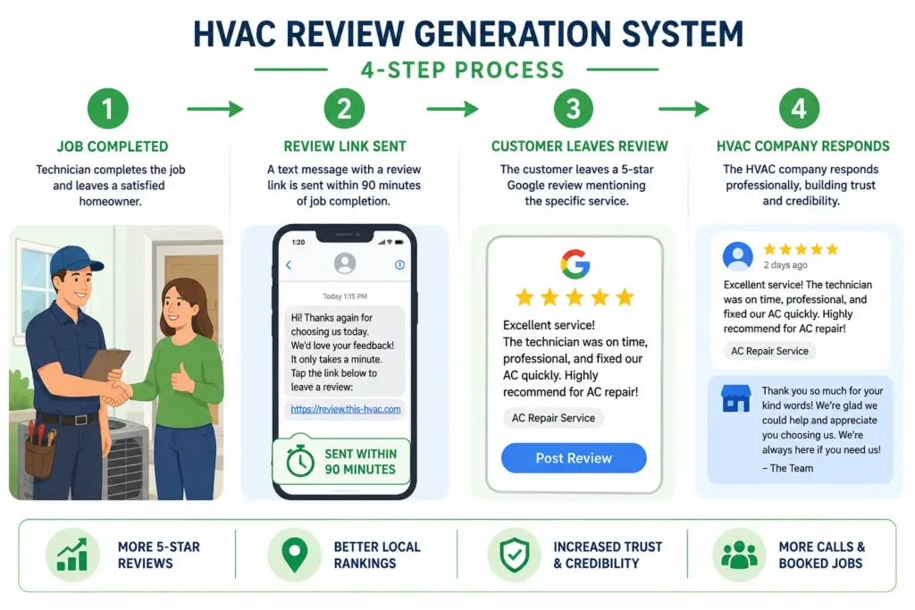 Four-step HVAC review generation system showing how to turn completed jobs into Google reviews that boost local SEO rankings