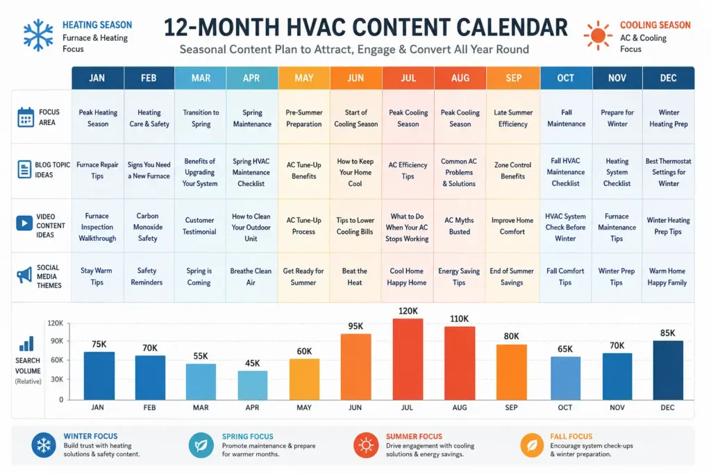 Seasonal content calendar for HVAC contractors showing peak search periods