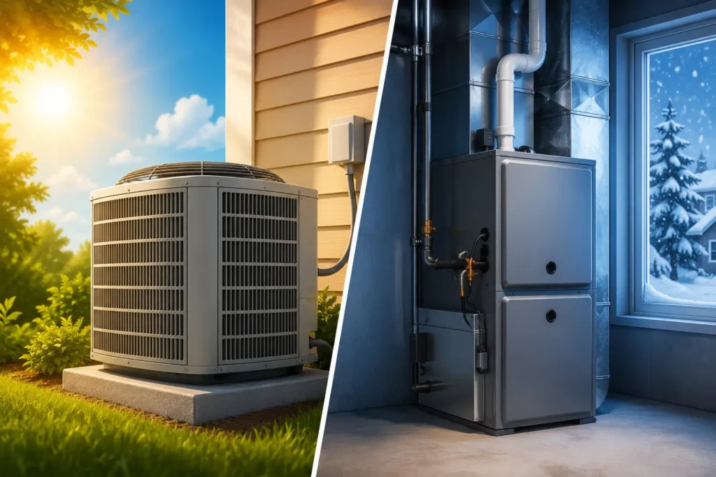 Split image showing summer AC maintenance keywords on left and winter furnace search keywords on right