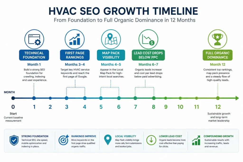 HVAC SEO 12-month timeline showing when organic leads become cheaper than hvac ppc