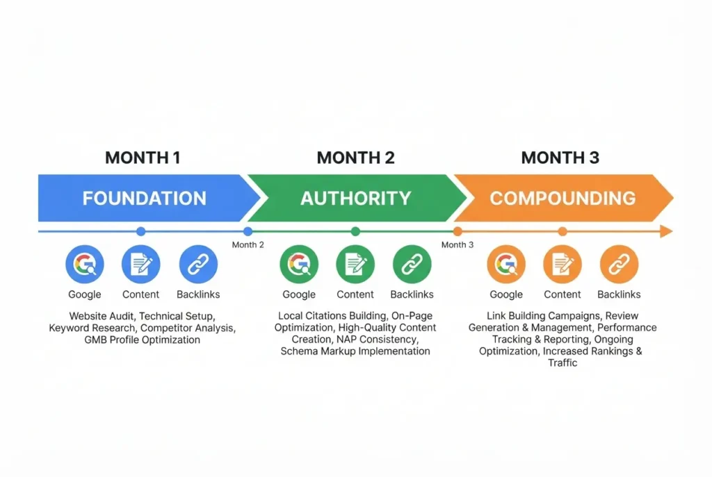 HVAC SEO 90-day timeline showing foundation, authority build, and compounding phases for contractors