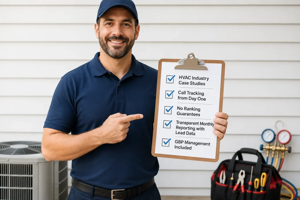 HVAC contractor checklist for selecting an affordable SEO agency with transparent reporting and real trade-specific experience. Affordable SEO for HVAC