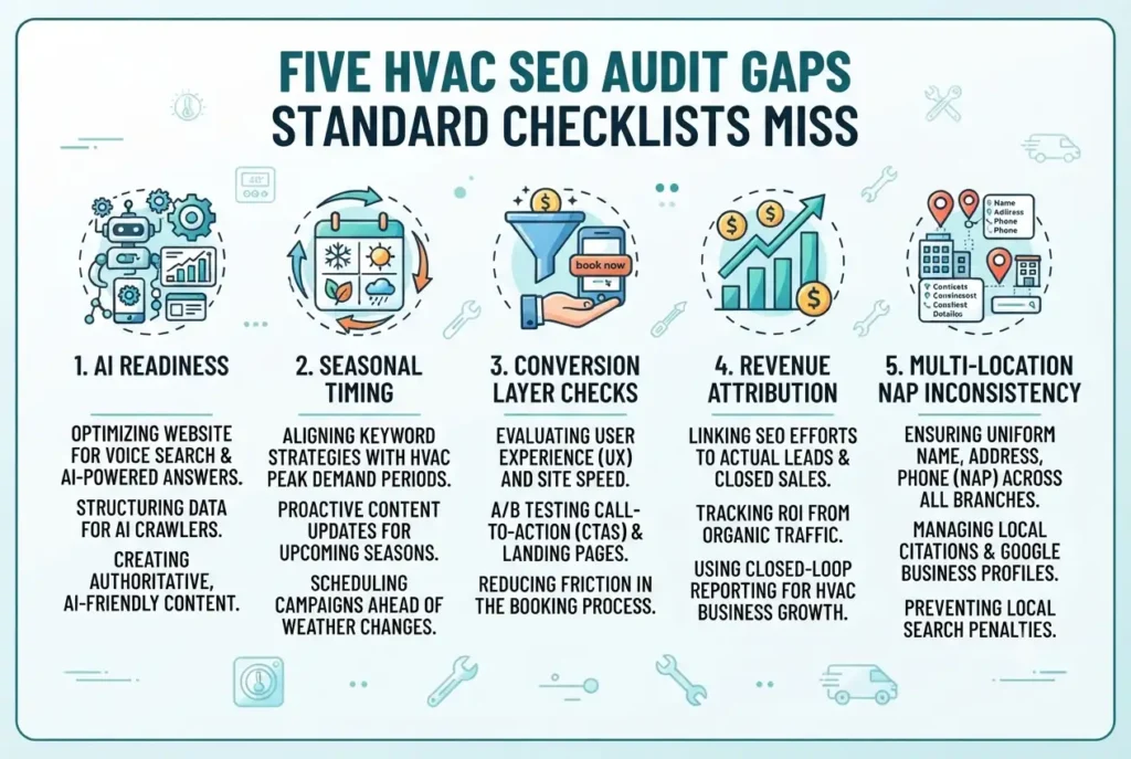 Infographic showing five seo audit for hvac gaps that competing checklists and articles miss in 2026