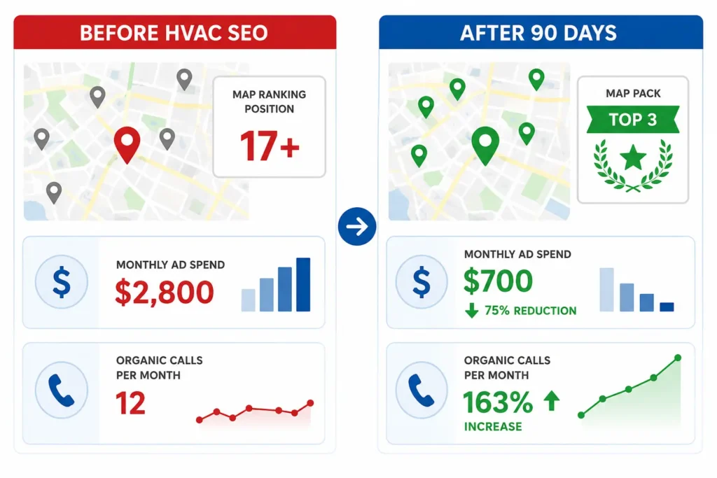 Before and after results infographic showing HVAC SEO case study outcomes after 90 days of optimization