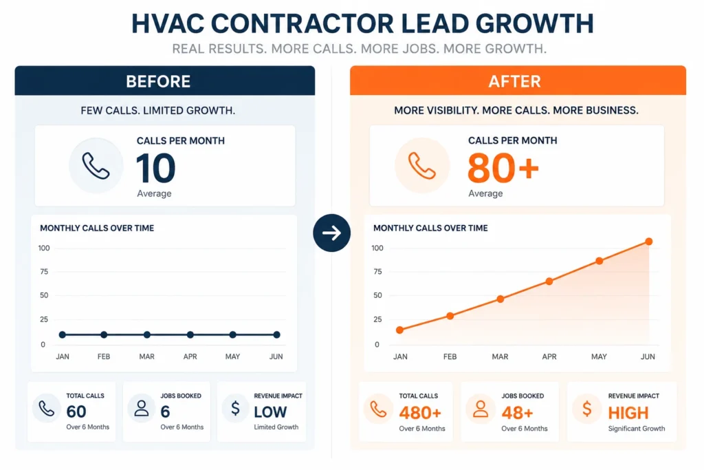 HVAC SEO case study showing contractor growing from 10 to 80 plus calls per month