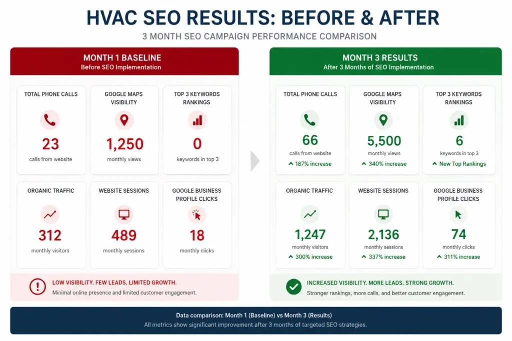 HVAC SEO case study showing 90-day results with 187% increase in organic calls and top three local pack rankings